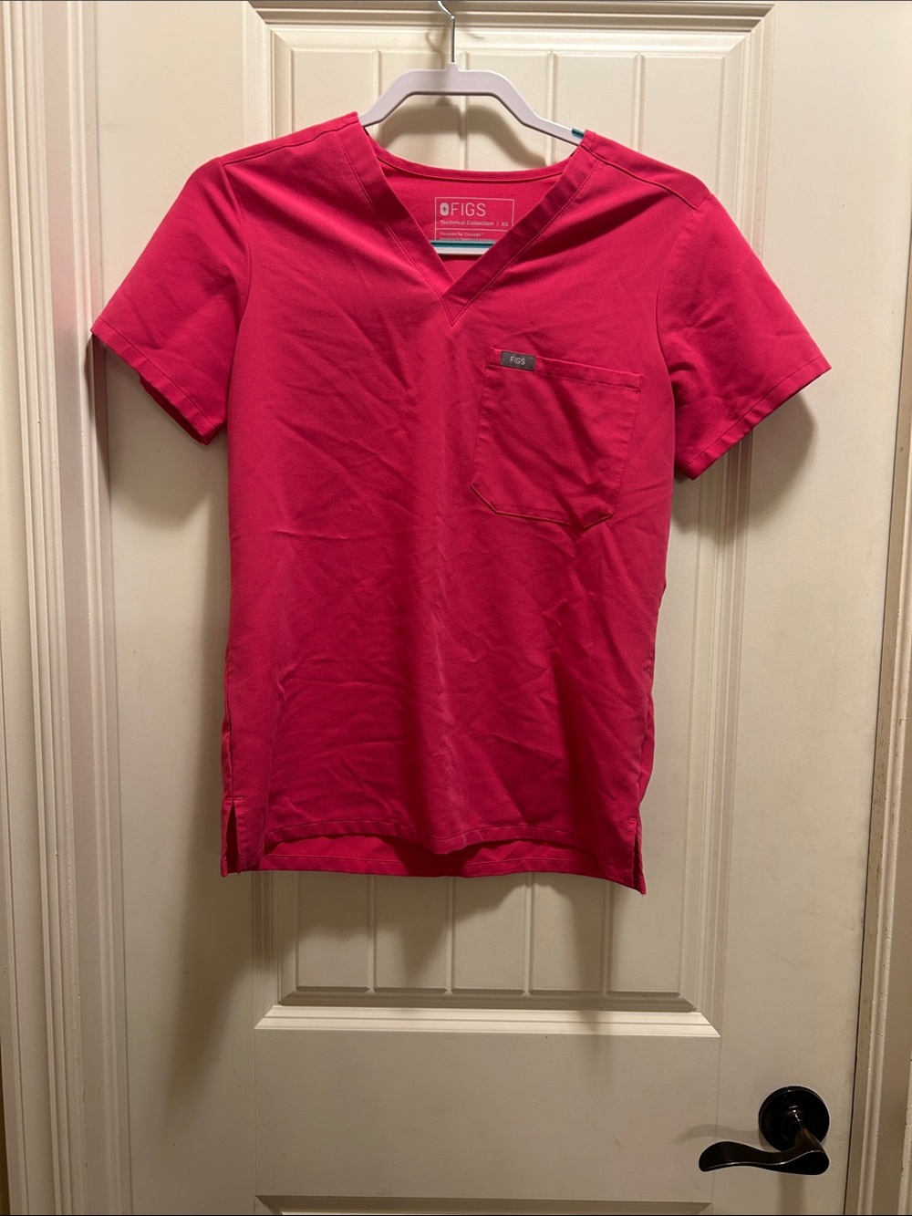 FIGS Women's Short Sleeve V-Neck Top in Hot Pink